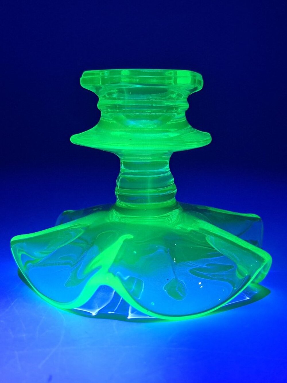 Vintage Green Vaseline Depression Uranium Glass Candlestick Holder